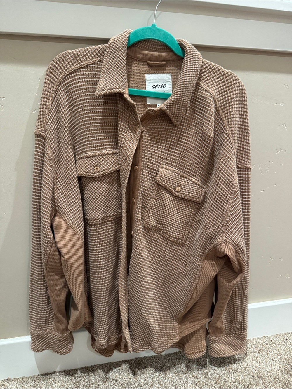 aerie Waffle-Knit Shirt Jacket in Light Brown